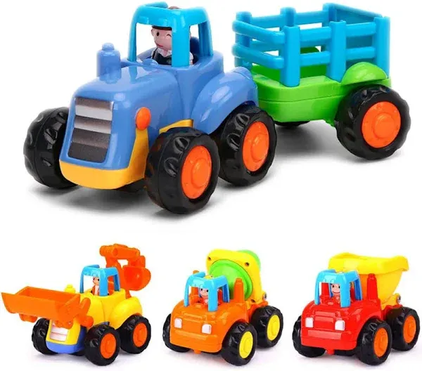 Friction Powered Cars Push and Go Trucks Construction Vehicles Toys Set of Tractor Bulldozer Dump Truck Cement Mixer for Baby Toddlers Infants Boys Gifts