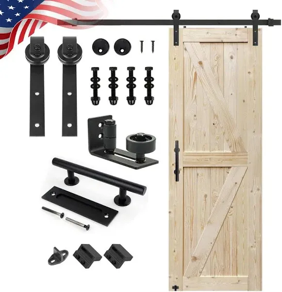 SMARTSTANDARD 30in x 80in Sliding Barn Door with 5ft Barn Door Hardware Kit & Handle, Pre-Drilled Ready to Assemble, DIY Unfinished Solid Spruce Wood Panelled Slab, K-Frame Natural