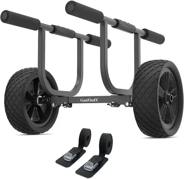 GanFindX Heavy-Duty Aluminum Kayak Cart W / 2 Webbing Straps & 8" Solid Airless Wheels, 450LBS Weight Capacity, Easy Detachable Assembly & Adjustable Width Kayak Dolly, Suitable for Kayak and Canoe