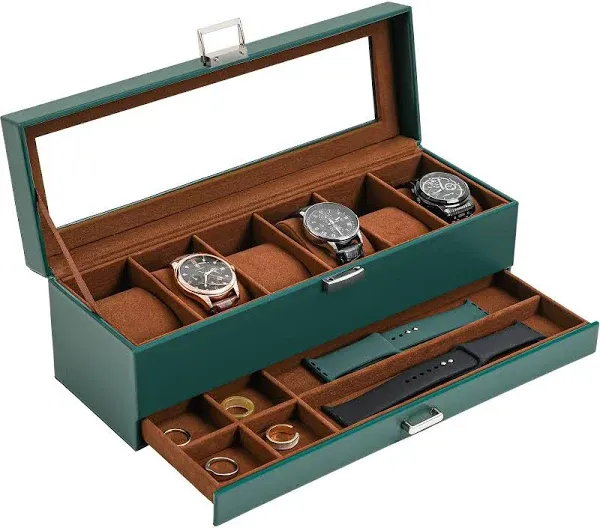  Watch Box Organizer for Men, 6 Slot Watch Display Case with Drawer, Espresso