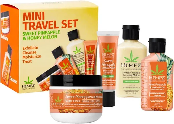 Hempz Mini Sweet Treats, Travel Kit, Mini Body Wash, Body Lotion, Body Scrub and Lip Balm, Sweet Pineapple Honeymelon Scent, 4 Piece Gift Set