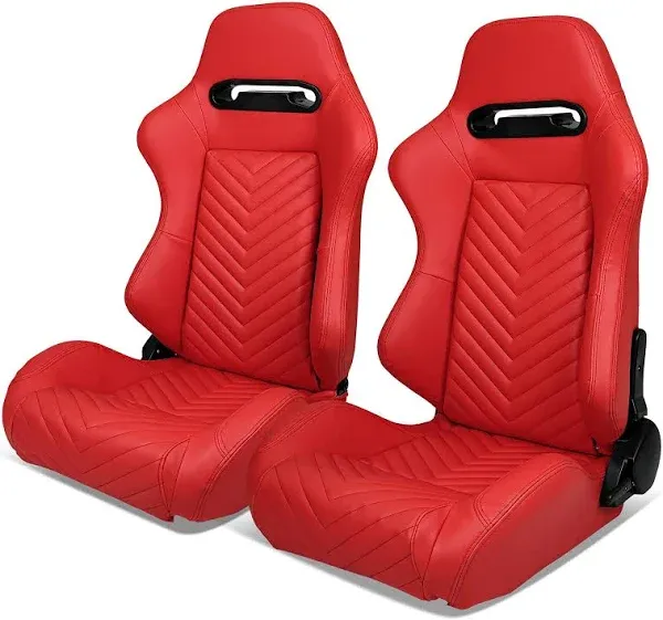 IKON MOTORSPORTS, Universal Racing Seats Pair with Dual Sliders, Red PU Leather Reclinable Left Right