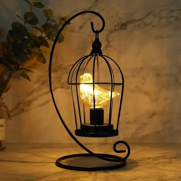 JHY DESIGN Birdcage Bulb Decorative Lamp Battery Operated 13" Tall Cordless Accent Light with Warm White Fairy Lights Bird Bulb for Living Room Bedroom Kitchen Wedding Xmas(Black)