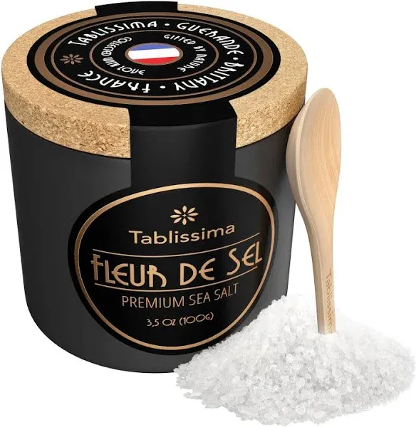 Fleur de SEL - Premium Sea Salt from Guerande France - Flaky Sea Salt from The Celtic Sea - Salt Cork Box and Wooden Salt Spoon Included - 3.5 oz