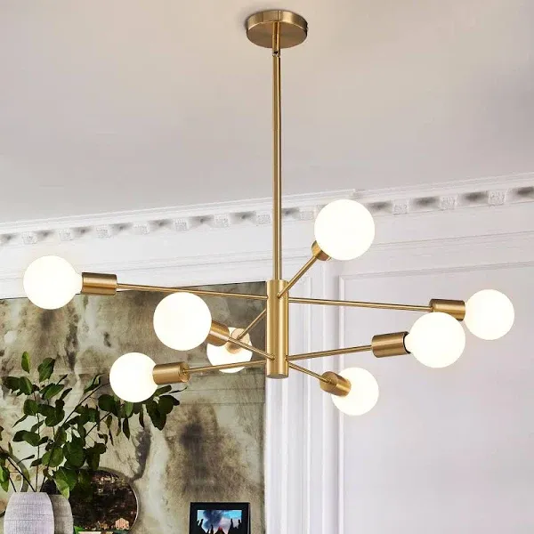 Modern Sputnik Chandelier 8-Light Gold Chandeliers Mid Century Ceiling Light Fixture Height Adjustable