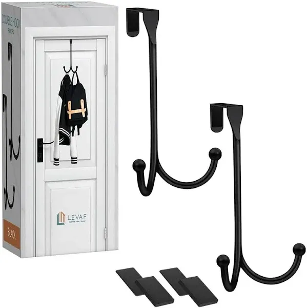 2-Pack Over The Door Hooks - with 2 Hang Heads & Snug Fit Pads Heavy Duty Hook for Hanging Coats, Towels, Caps & Robes - Elegant Matt Finish - No Drill Hanger Organizer - Black