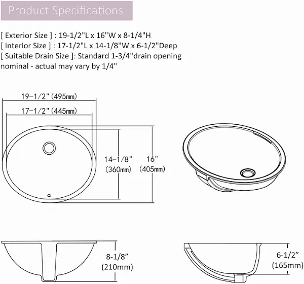 MEJE MJ-206 16'' White Ceramic Oval Bathroom Sink with Overflow