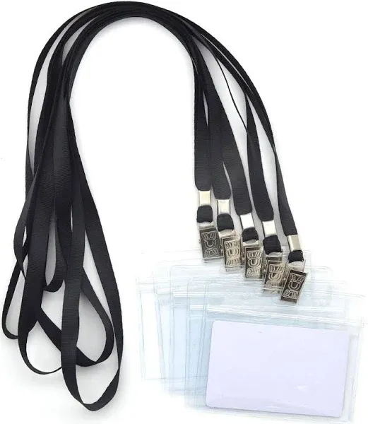 Bird Fiy 50 Pcs Waterproof Type Clear Plastic Horizontal Name Tag Badge Id Card and 50 Pcs Black Nylon Lanyard