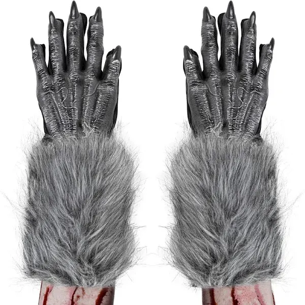 Skeleteen Werewolf Hand Costume Gloves - Grey Hairy Wolf Claw Hands Paws Mons...