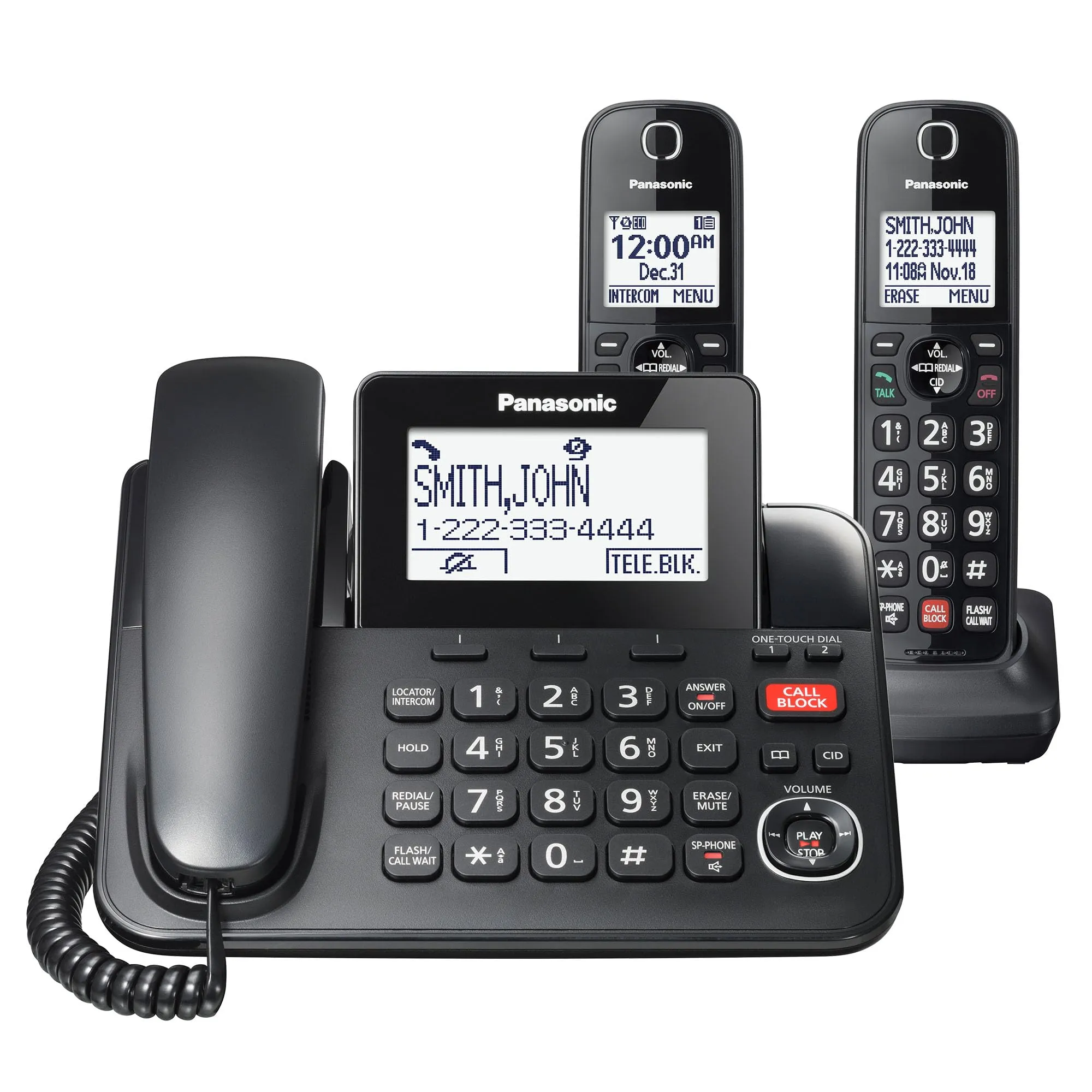 Panasonic Corded/Cordless Phone with Advanced Call Block, 2-Way Recording, Black