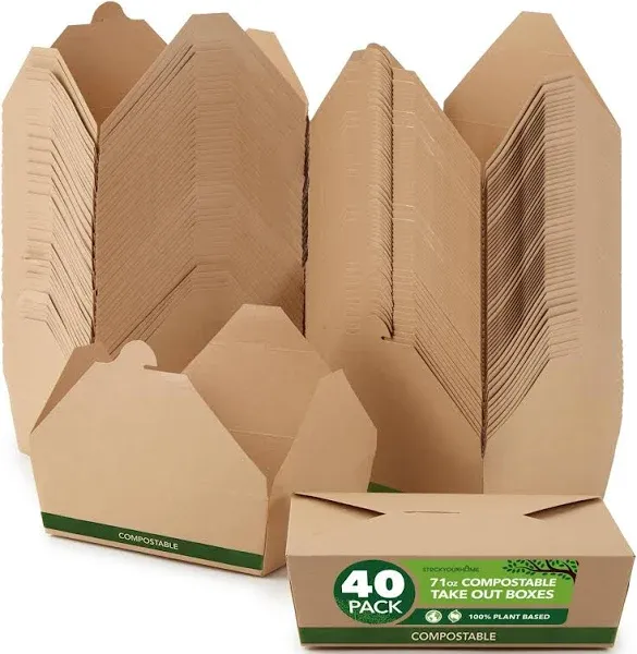 (Set of 40) 71oz Food Compostable Take Out Containers Disposable, Large Microwaveable Paper To Go Boxes, Grease Resistant Natural Kraft Cardboard Lunch Box, Takeout, Biodegradable, Eco-Friendly