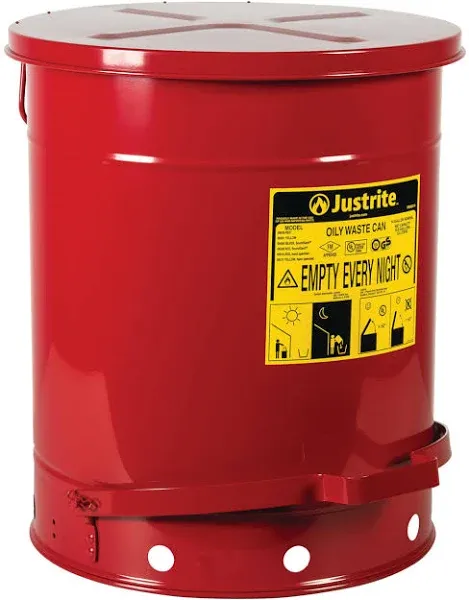 Justrite 09500 OWC Foot Red - 14 gallon oily waste can with lever