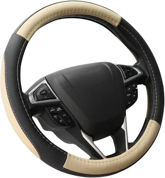 SEG Direct Car Steering Wheel Cover Universal Standard Size 14.5-15 inch, Black and Beige Microfiber Leather