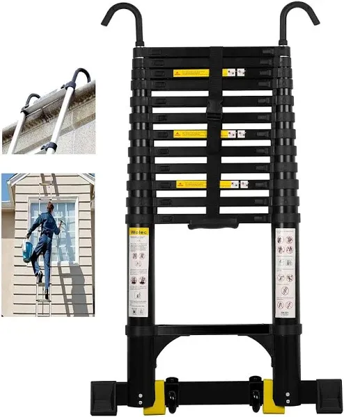 Telescoping Ladder,17.5FT Aluminum Portable Extension Ladder w/Hooks, Stabilizers& Wheels, Heavy Duty 330lbs Max Capacity, Collapsible Telescopic Ladder for Rv, Roof, Attic, Outdoor -Black