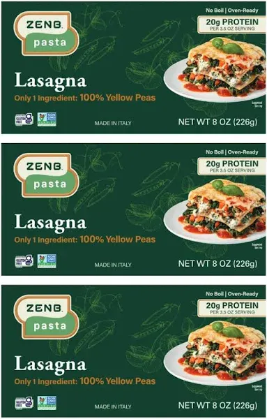 ZENB Plant-Based Lasagna - Pasta Made From 100% Yellow Peas, Gluten Free, Non-GMO & Vegan, Less Carbs than Traditional Pastas, 20g Protein & 12g Fiber In Every 3.5 oz Serving - 8 oz Boxes (Pack of 3)