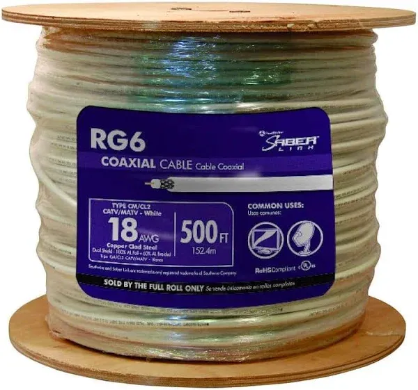 56918345 500-Feet Dual Shields Type RG 6/U 18 AWG Coaxial Cable; White