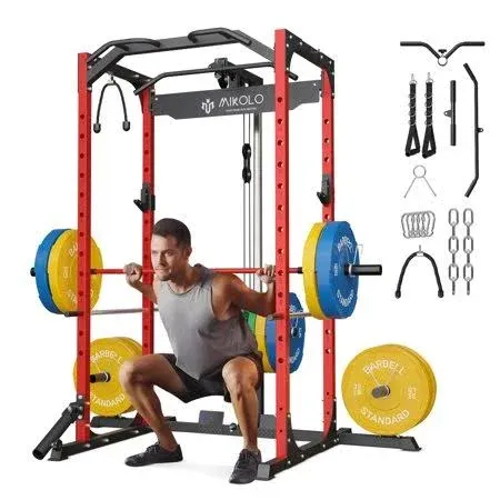 Mikolo Power Rack Cage with LAT Pulldown System,1200LBS Capacity Power Rack, Multi-Functional Squat Rack with 13-Level Adjustable Height and J-Hooks