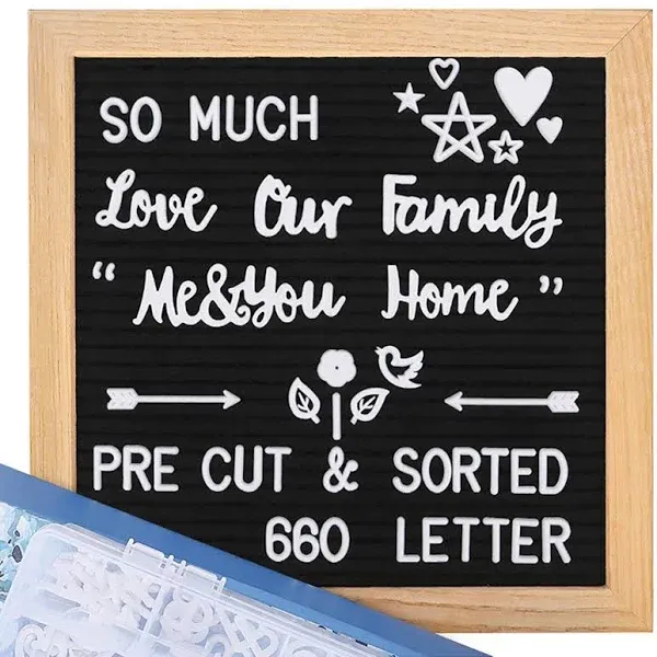 Changeable Felt Letter Board with Letters, Pre Cut &amp; Sorted 10x10 inch Black