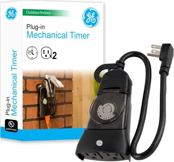 GE 15138 24-Hour Heavy-Duty Mechanical 2 Grounded Outlet, Programmable Daily Cycle, 30-Minute Interval, Weather Resistant, Outdoor Light Timer, 1 Pack, Black