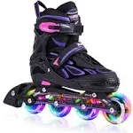 2pm Sports Vinal Girls Adjustable Inline Skates with Light up Wheels Beginner Skates Fun Illuminating Roller Skates for Kids Boys and Ladies