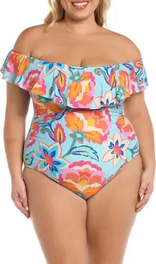 Plus Size Breezy Off-shoulder One-piece Swimsuit In Multi