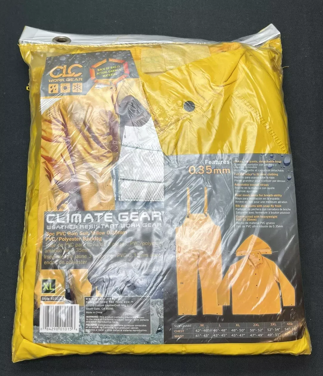 NEW CLC R101X CLIMATE GEAR 3 PIECE YELLOW RAIN SUIT X-LARGE POLYESTER 3558863