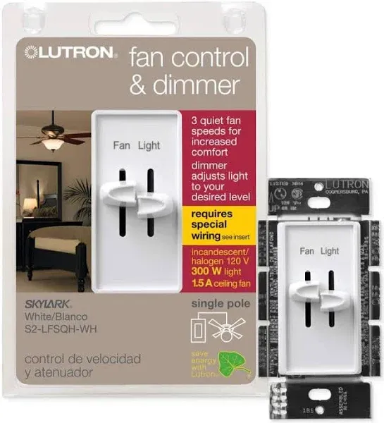 Lutron S2-LFSQH-WH Dual Slide-To-Off Fan & Light Controls