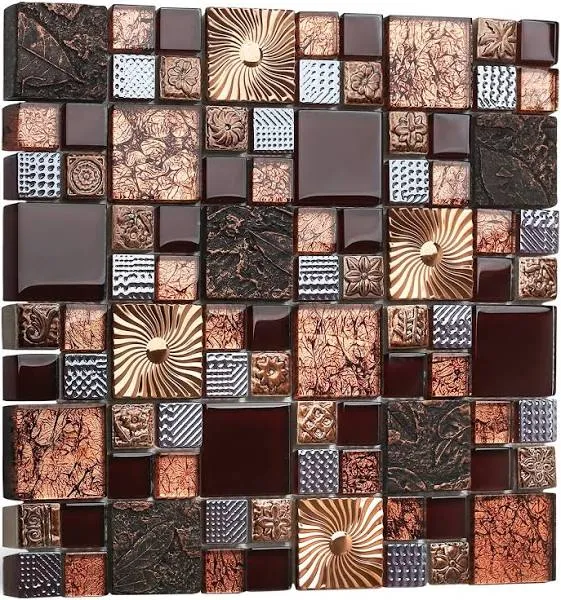 Blujellyfish Red Wine Colors Glass Tile 2'' x 2'' Leaf Carving Imprints Antique Mosaics Textured Rose Gold Metal Kitchen Bathroom Walls Backsplash Tiles (Pack of 5 Square Feet)