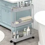 Slim Storage Cart,3 Tier Bathroom Rolling Utility Cart Storage Organizer Slide Out Cart, Mobile Shelving Unit Organizer Trolley for Office Bathroom Kitchen Laundry Room Narrow Places, Grey