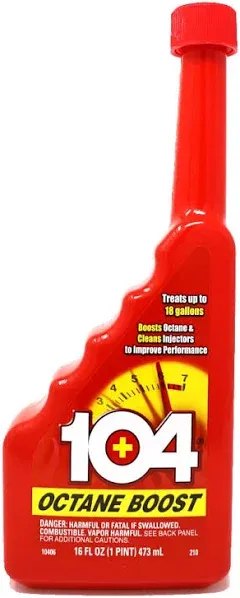 104+ Performance (10406) Octane Boost - Boosts Octane And Cleans injectors To Improve Engine Performance - Improve Gas Mileage - 1 Bottle Treats Up To 18 Gallons, 16 fl. oz.