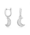 Rhodium-plated Pave Moon Charm Hoop Earrings In Silver