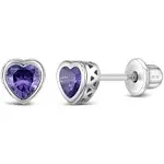 Girls' CZ Birthstone Heart Screw Back Sterling Silver Earrings - Purple - in Season Jewelry