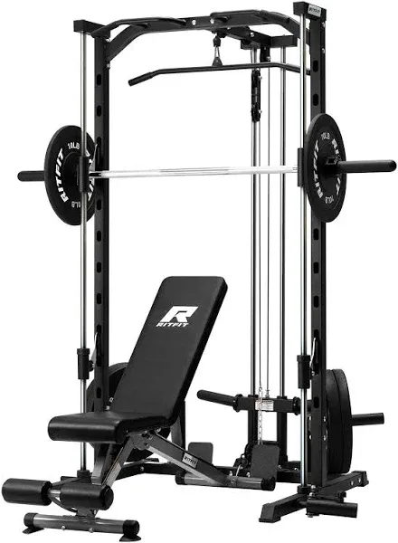 RitFit Smith Machine Power Rack with LAT-Pull Down System, Landmine, Barbell Bar, Plate Storage Pegs and More Training Attachment