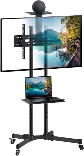 Mount-It! TV Cart Mobile TV Stand Wheeled Height Adjustable Flat Screen Television Floor Stands with Rolling Casters and Shelf, VESA Compatible TV Mount Bracket Fits Displays 37 to 70 Inch, 110 Lbs