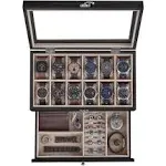 12 Slot Watch Box Case Lockable with Glass Lid, 2 Layers Watch Holder Organiz...