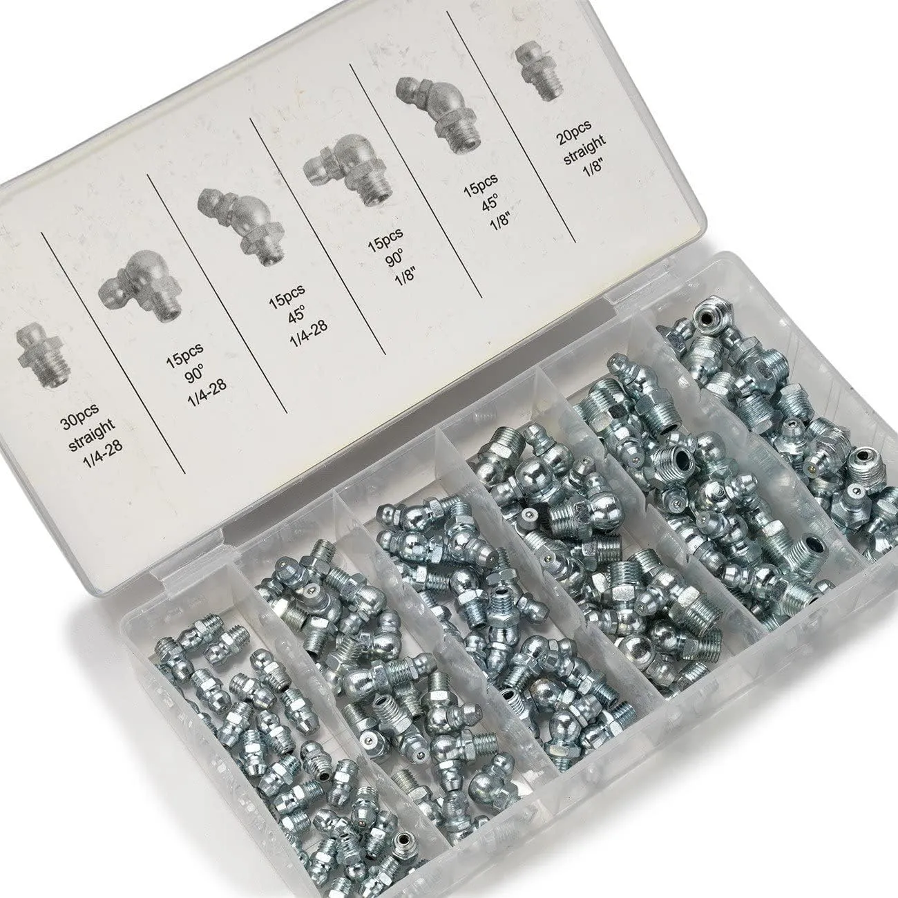 Grease Fitting Assortment | Straight and Angled Zerk Kit | A3 Steel | 110 Piece