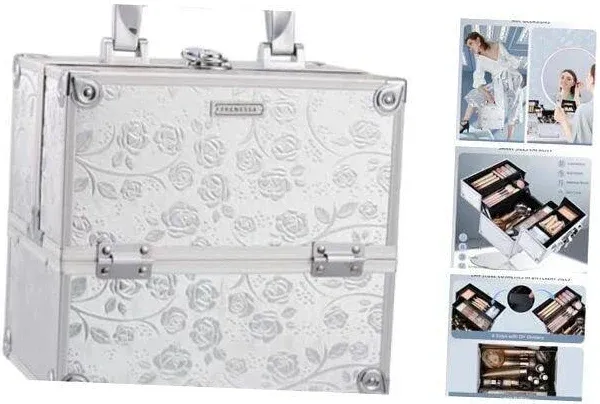  Makeup Train Case Portable Cosmetic Box Organizer 4 Trays Floral Silver