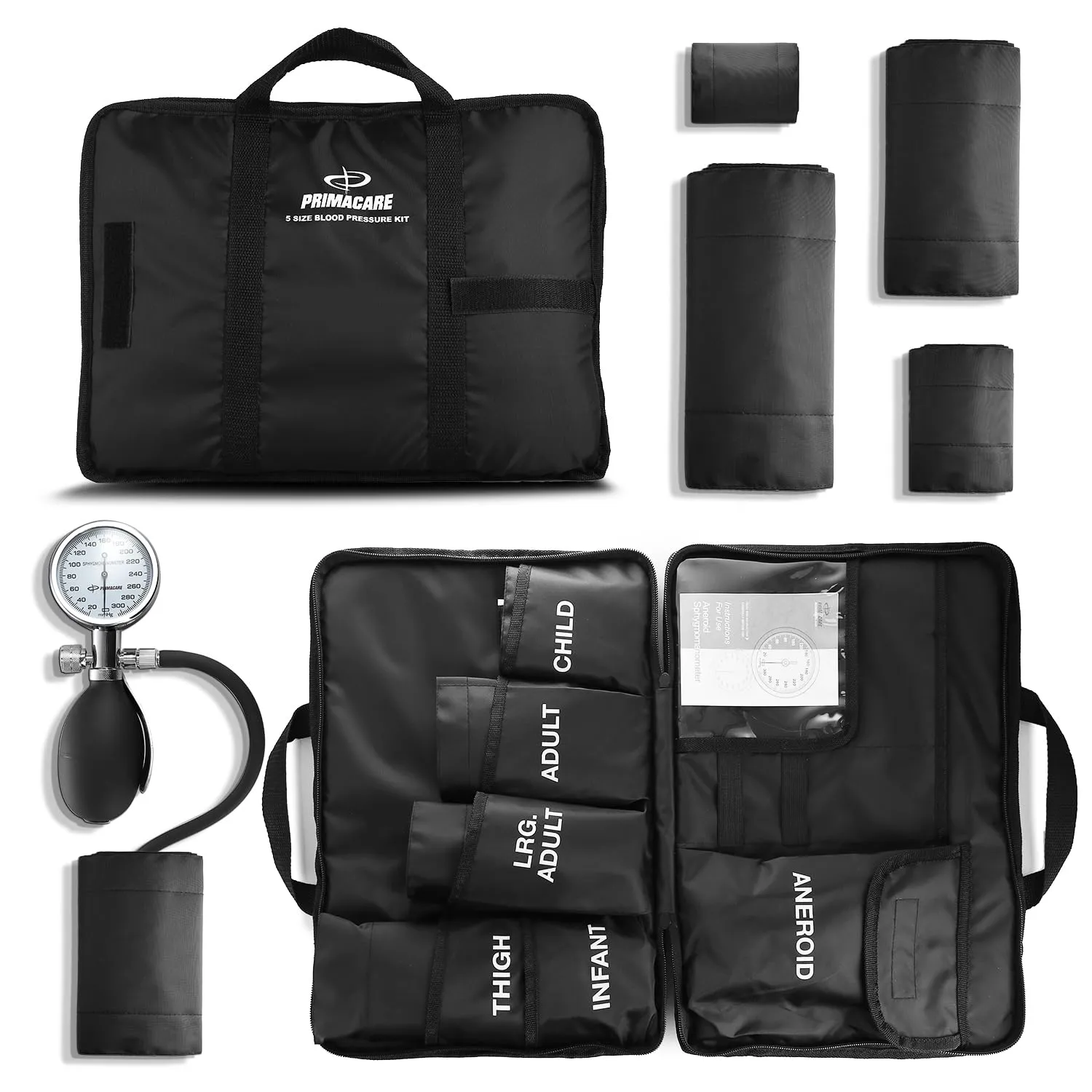 Aneroid Sphygmomanomet<wbr/>er &amp; Blood Pressure Cuff Set - 5 Sizes - Portable Case