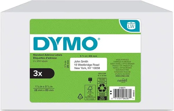 Dymo Authentic LW Mailing Address Labels for LabelWriter Label Printers, (1-1/8" x 3-1/2"), 3 Rolls of 350 (1050 Total)