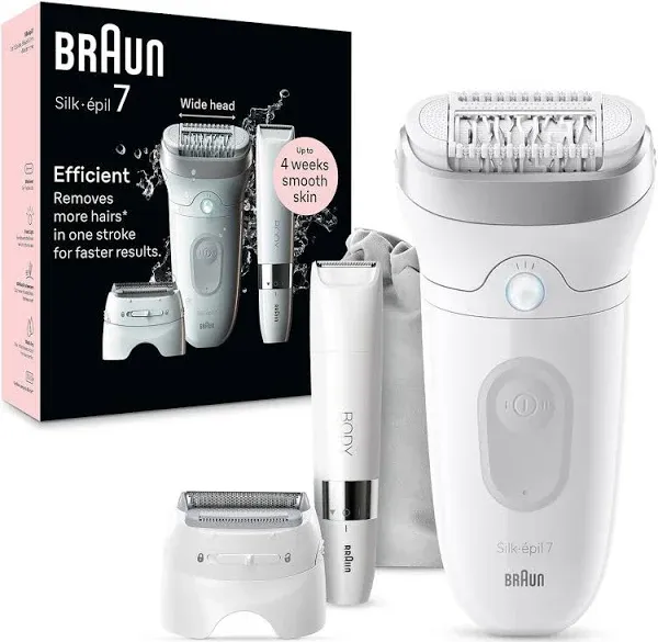 Braun Epilator Silk-épil 7, Hair Removal Device, Women Shaver & Trimmer, Wet and Dry, Wide Head, Includes Shaver Head and Trimmer Comb, SE7-041, Silver