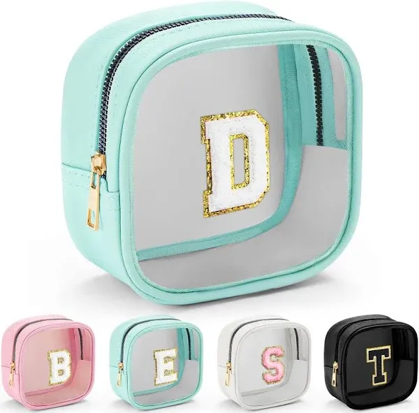 YOOLIFE Initial Make Up Bag Travel Toiletry Bag, Clear Makeup Bag Preppy Cosmetic Bags Organizer Travel Essentials Gifts for Women Teen Girlfriend Teacher Mom Brithday Gifts Mini Blue D