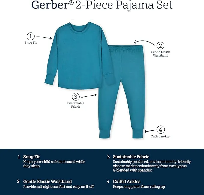 Gerber Unisex Baby Toddler Buttery Soft 2-Piece Snug Fit Pajamas with Viscose Made from Eucalyptus