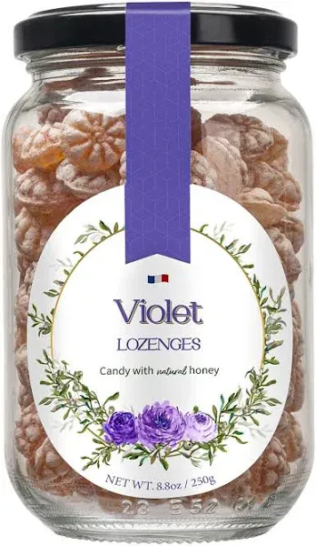 Gourmanity Violet Flavor Honey Lozenges Made with Real Honey and Natural Violet Flavor, Luxury French Honey Candy, Great for Soothing your Throat, 8.8oz Jar