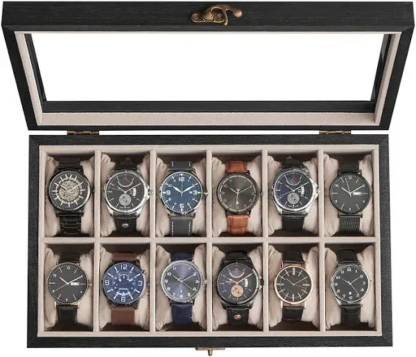 Wood Watch Box with Glass Lid Ebony Black / 12 Slot