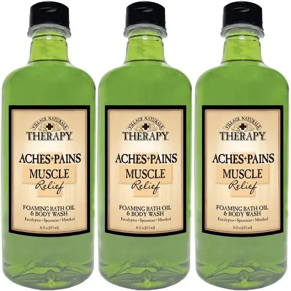 Village Naturals Aches + Pains Muscle Bath Oil & Wash 16 Ounce (473ml) (3 Pack)