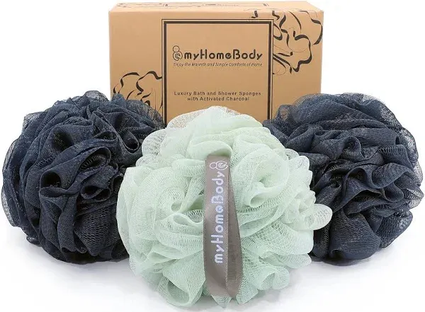 Large 70g Loofah Sponge 3-Pack Exfoliating Body Scrubber Activated Charcoal