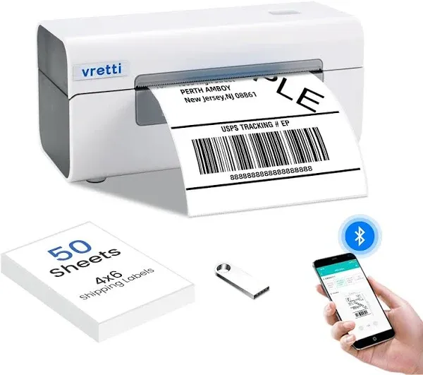 vretti Bluetooth Thermal Label Printer, 4x6 Shipping Label Printer, Wireless Label Printer for Shipping Packages & Small Business Compatible with iPhone Android Window Mac USPS UPS Amazon