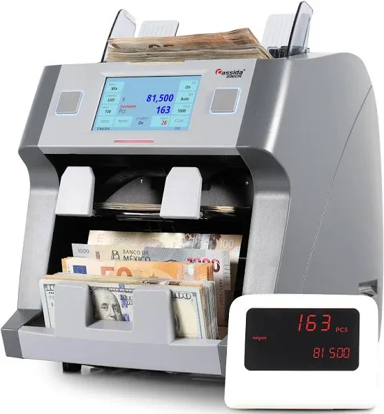 Cassida 9900R V2 2-Pocket Premium Bank Grade Money Counter Machine Mixed Denomination, Bill Sorter, Value Counting, Printer Enabled, 2 CIS, UV/MG, IR/IT Counterfeit Detection with Built-in Printer