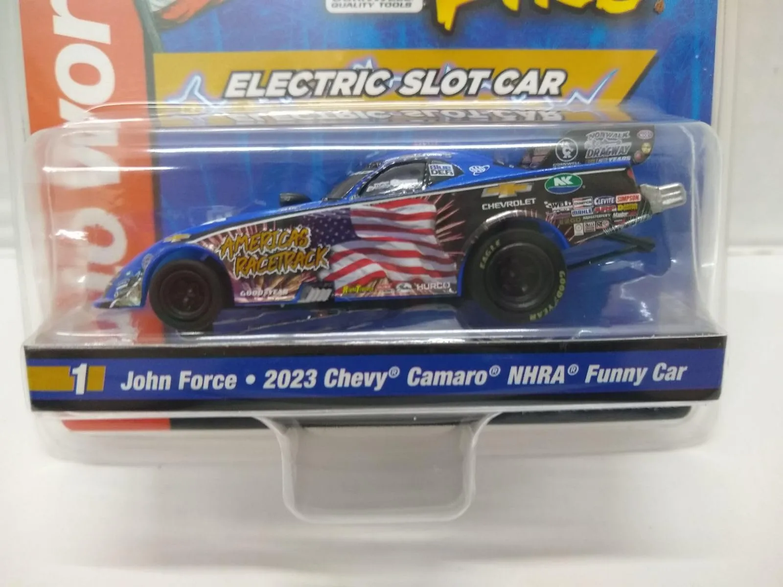 Auto World John Force Night Under Fire 2023 Chevy Camaro Funny Car 4Gear HO Slot Car