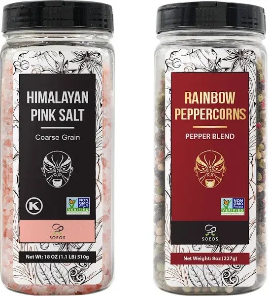 Soeos Himalayan Pink Salt and Rainbow Peppercorn Grinder Refills, 18oz Salt & 8oz Peppercorns, Kosher Seasoning Set for Cooking